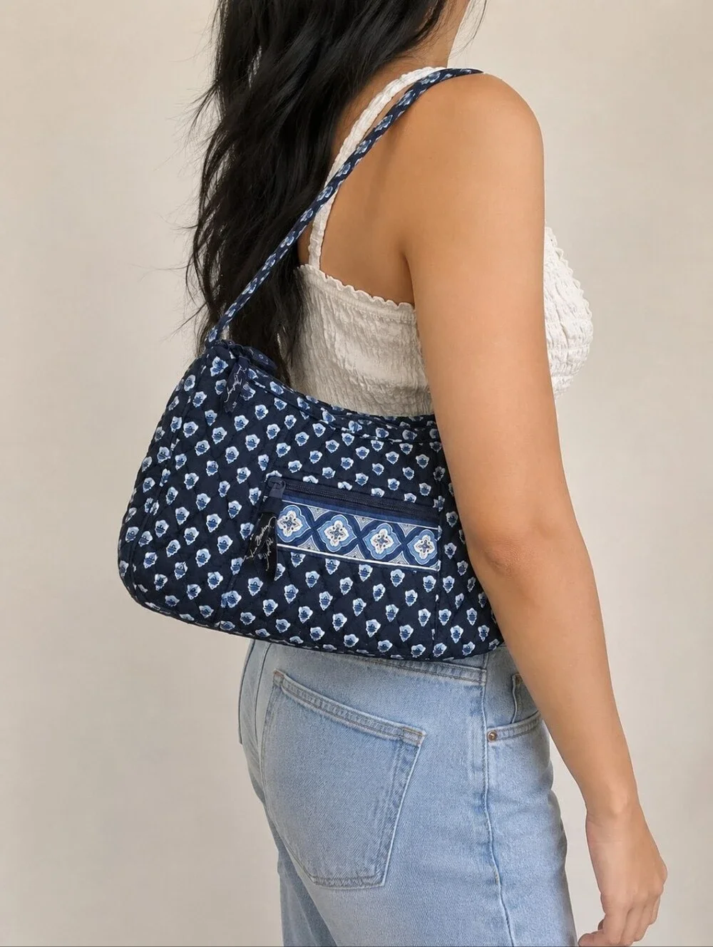 Vera Bradley Nantucket Navy Quilted Cotton Hobo Bag / Zip Top Shoulder Purse